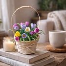 Spring Crocus Basket – Handmade Pipe Cleaner Flowers – Rustic Basket Arrangement