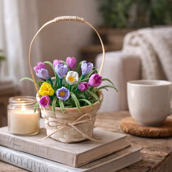 Spring Crocus Basket – Handmade Pipe Cleaner Flowers – Rustic Basket Arrangement