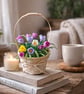 Spring Crocus Basket – Handmade Pipe Cleaner Flowers – Rustic Basket Arrangement