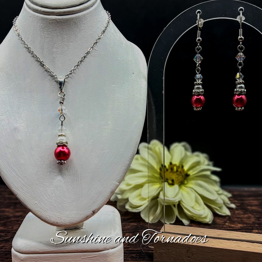 Red and White Faux Pearl and Crystal Pendant and Earring Set - Handmade
