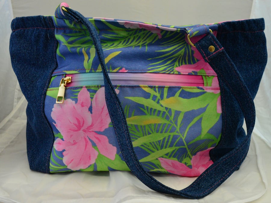 Denim & Fabric Shoulder Tote Style Bag