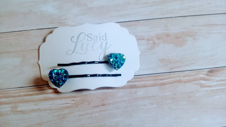 Blue sparkly heart bobby pins black bobby pins gothic party