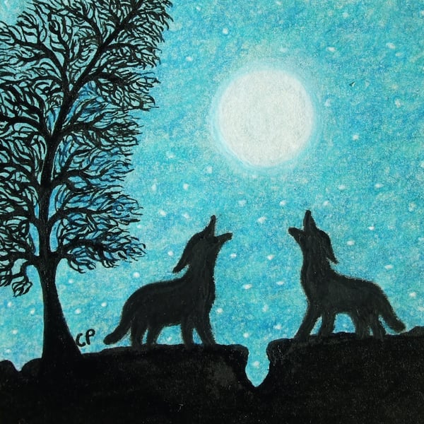 Wolf Card, Two Wolves Moon Stars Trees Silhouette, Blank Art Card