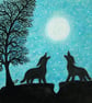 Wolf Card, Two Wolves Moon Stars Trees Silhouette, Blank Art Card - Image 1