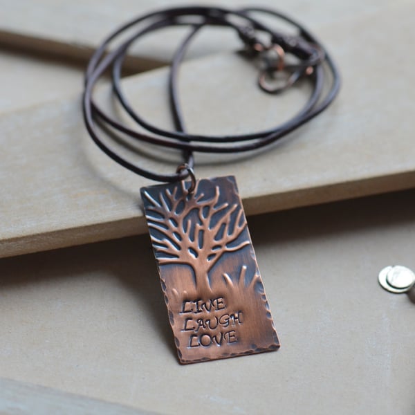 Handmade Copper Embossed Stamped Pendant Necklace with Brown Leather Cord 