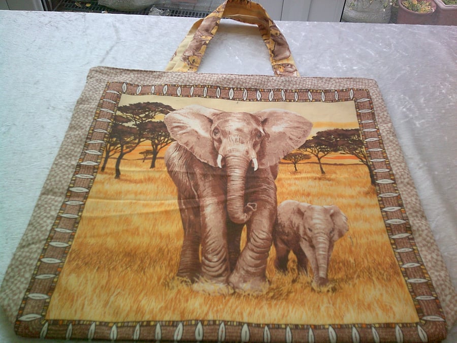 Fabric Shopping Bag with Pictures of Elephants