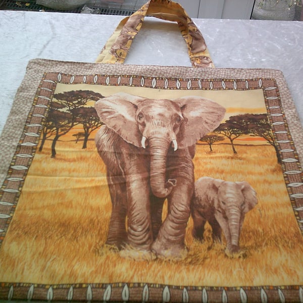 Fabric Shopping Bag with Pictures of Elephants