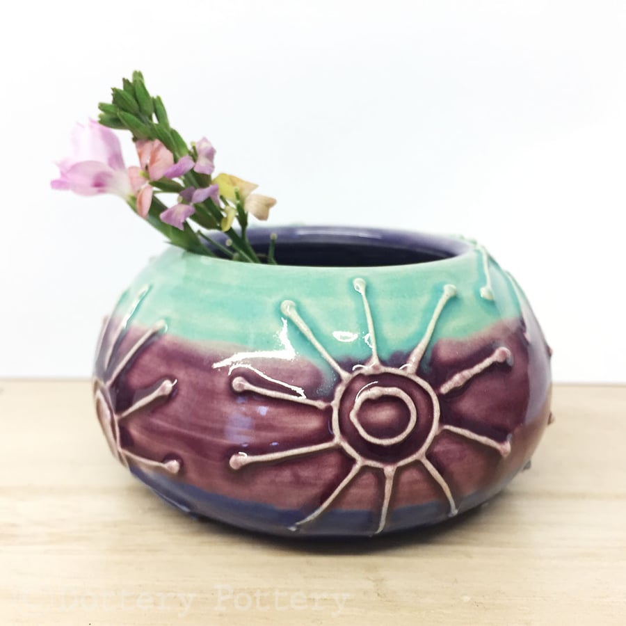 Purple and blue ceramic pot pottery bowl raised pattern plant pot cactus 