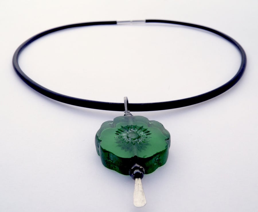 Green Flower Necklace, Oxidised Sterling Silver