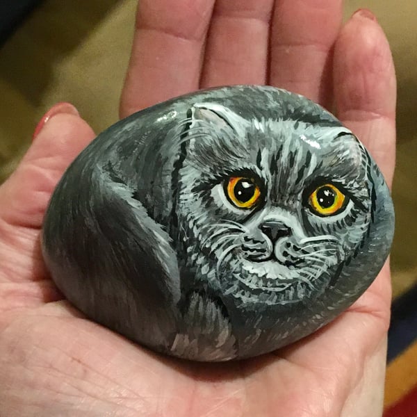 Cat hand painted pebble garden rock art pet stone portrait 