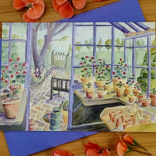 In the Blue Greenhouse, where the geraniums grow. Card