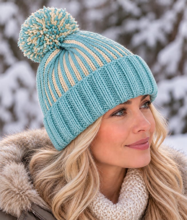 Ladies Chunky Hand-knitted Bobble Hat, Aqua Blue and Cream Brioche Rib Design 
