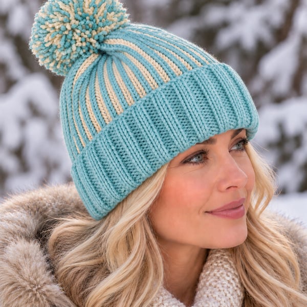 Ladies Chunky Hand-knitted Bobble Hat, Aqua Blue and Cream Brioche Rib Design 