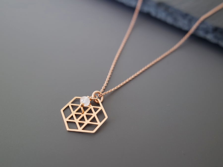 Moonstone Hexagon geometric Necklace rose gold 925 Sterling Silver