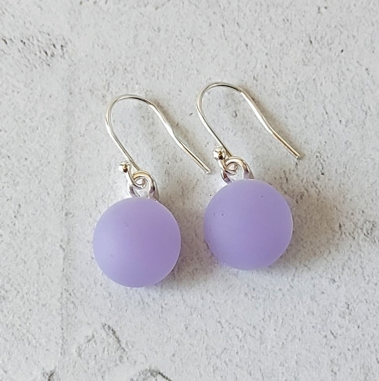 Lilac satin glass drop earrings, fused glass, sterling silver earwires