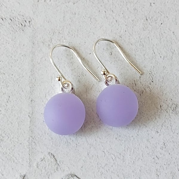 Lilac satin glass drop earrings, fused glass, sterling silver earwires