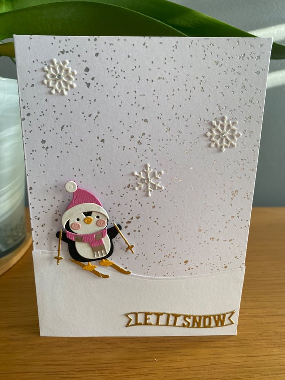 Handmade "Let It Snow" Skiing Penguin Card – Cute Winter Design 