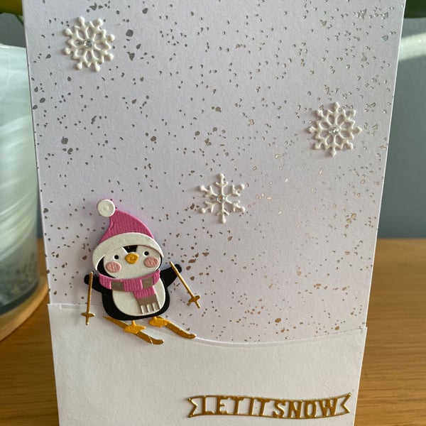 Handmade "Let It Snow" Skiing Penguin Card – Cute Winter Design 