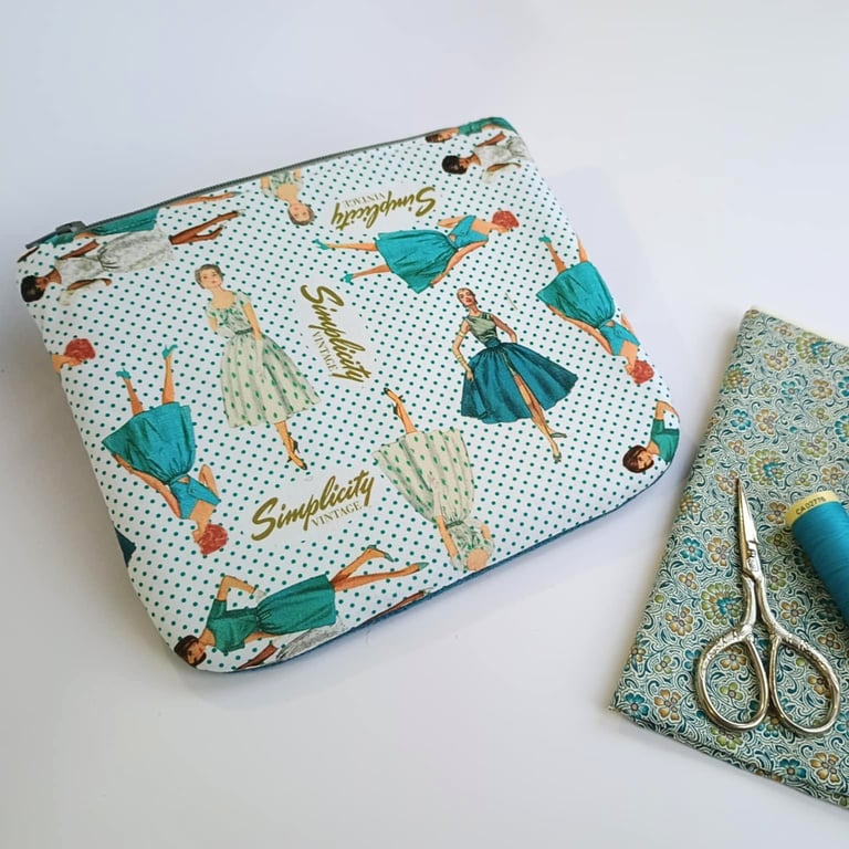 Summer Seconds - Soft zipped bag or pouch in a vintage dressmaking themed 