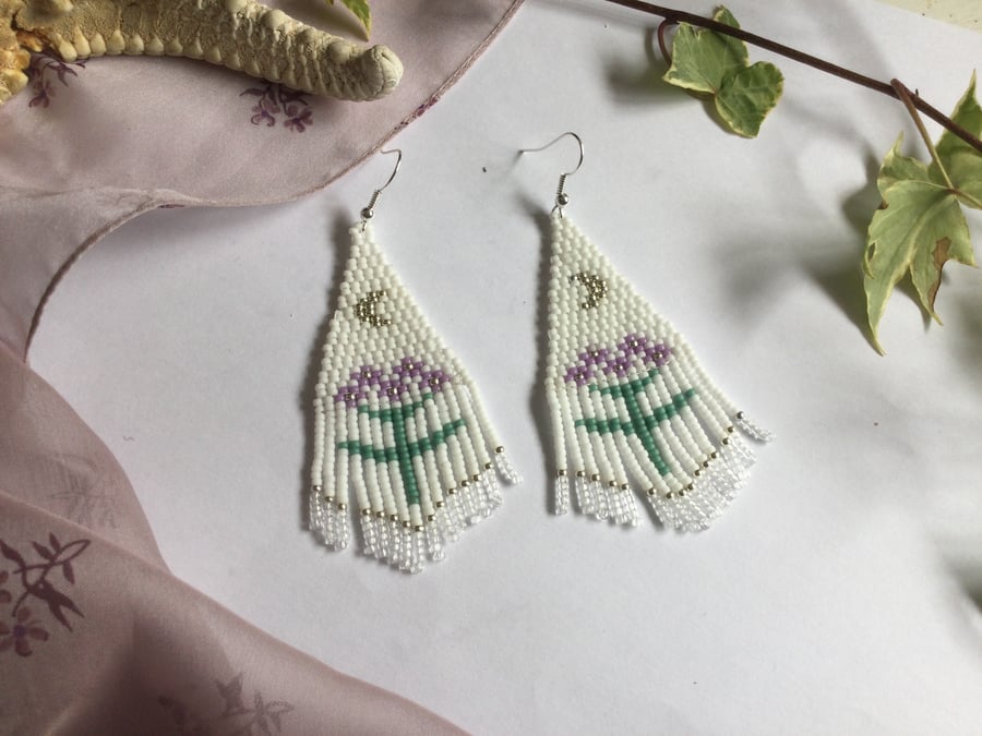  Beaded long fringe earrings, dangle earrings, flower design earrings