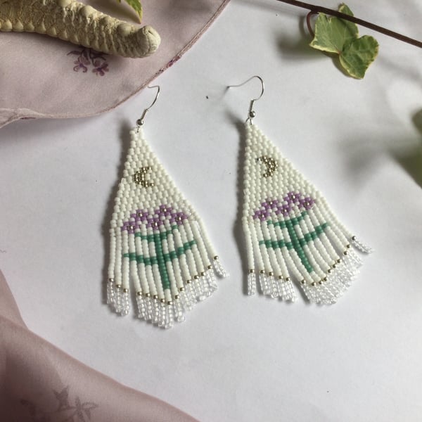  Beaded long fringe earrings, dangle earrings, flower design earrings