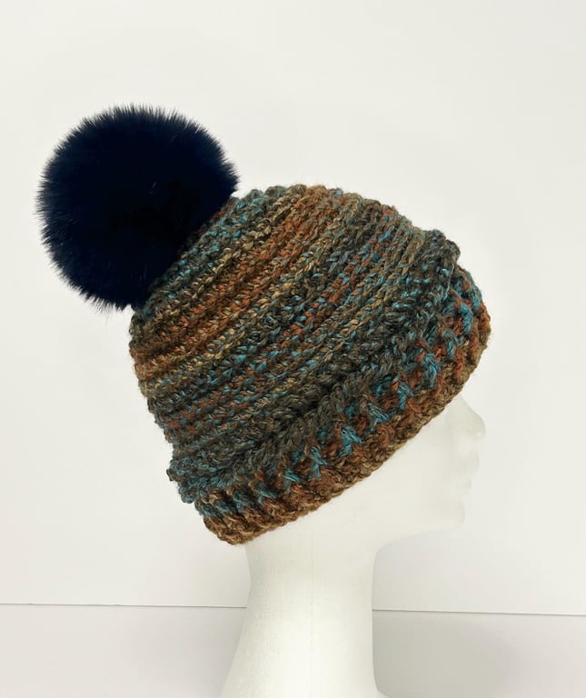 Crochet Hat, Pom Pom hat, Womens Beanie, Autumn Multi coloured Hat