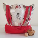 Tote bag:  large and fully lined,  sheep design with red  canvas base