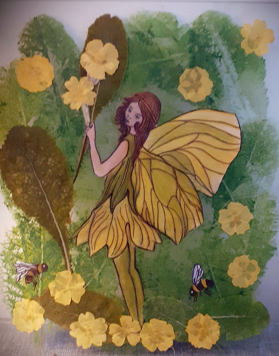 "The Primrose Fairy" Hand drawn illustration with real pressed Primrose flowers 