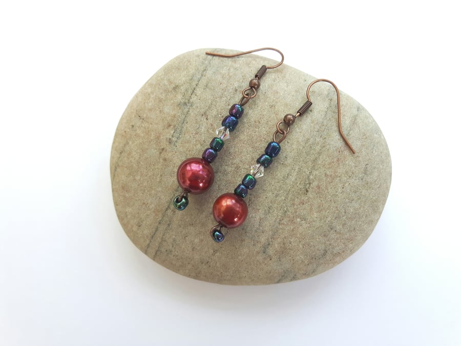 Multicoloured Drop earrings with Rainbow Haematite, Pearl and Swarovski crystal