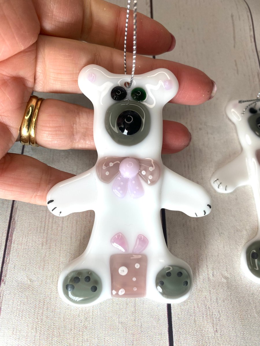 Pink glass teddy bear Christmas decoration 