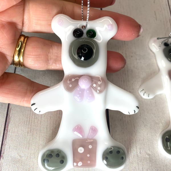 Pink glass teddy bear Christmas decoration 