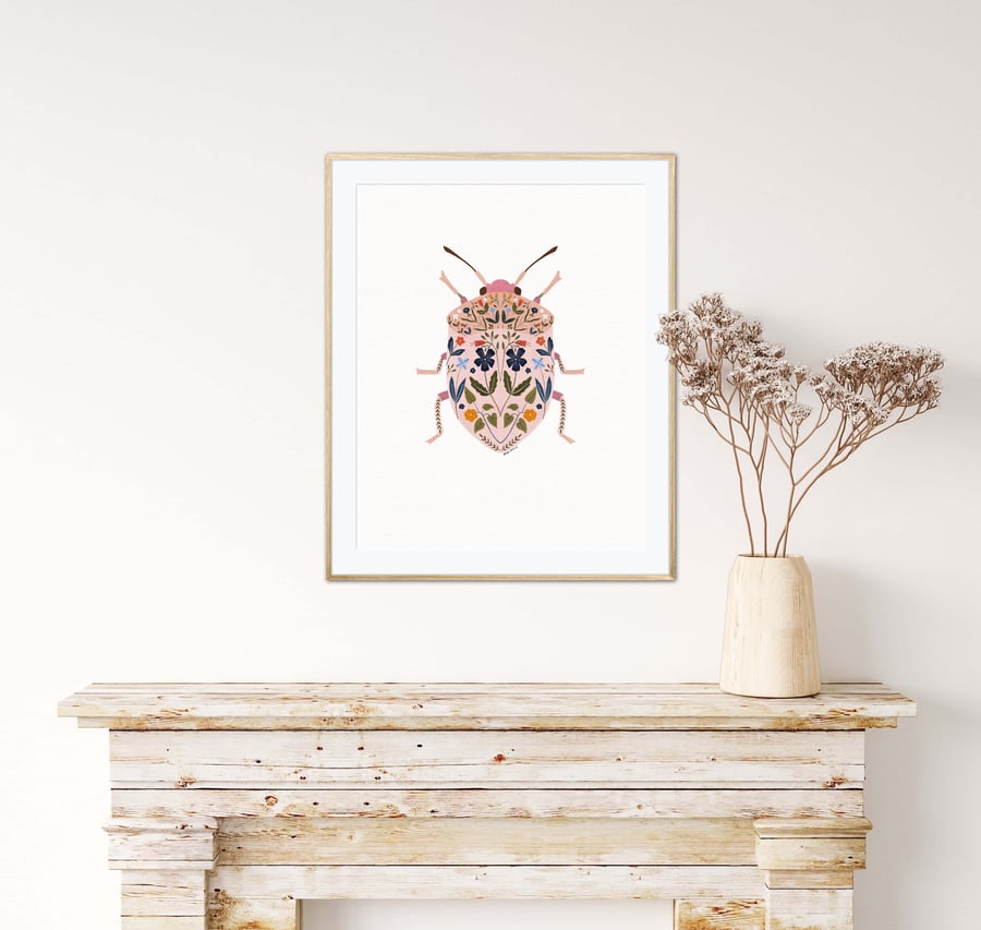 Pink Botanical Floral Beetle Illustrated Art Print