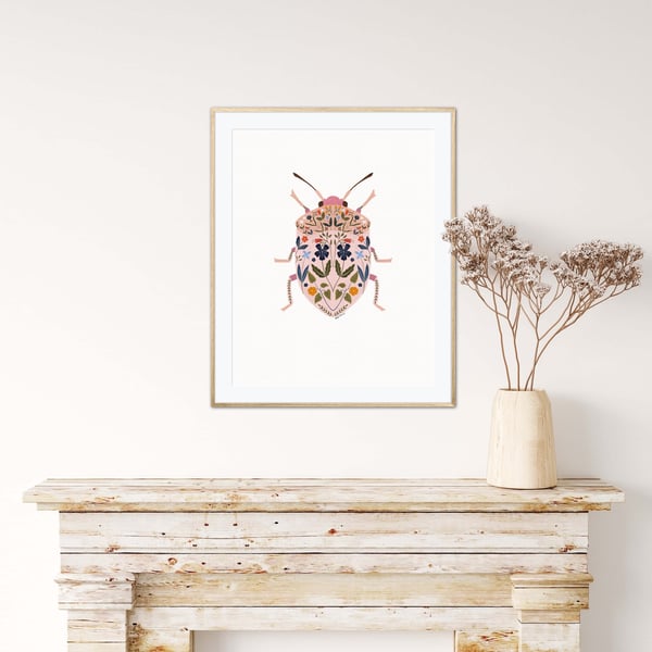 Pink Botanical Floral Beetle Illustrated Art Print