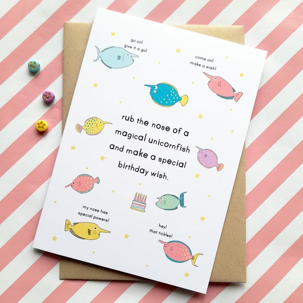 magical birthday unicornfishes A6 greetings card, funny card, birthday poem