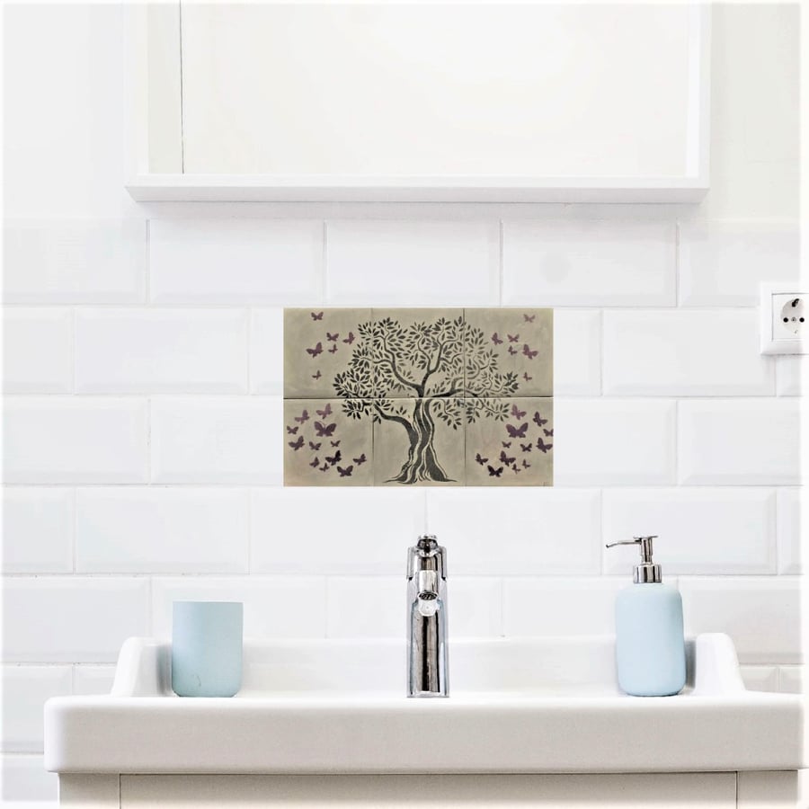 Kitchen Tile Splashback, Grey Wall Tiles, Tree of Life Wall Art.