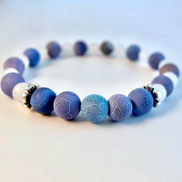 Frosted Blue Agate And White Jade Bracelet - Father's Day, Gifts For Men