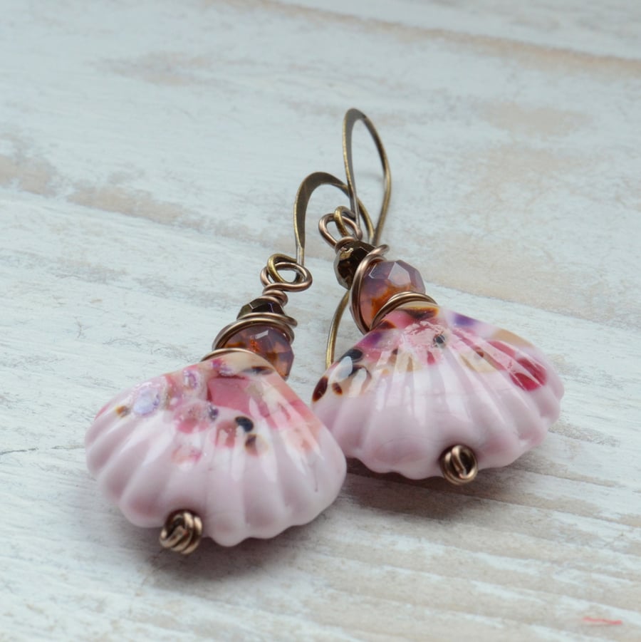 Pink Lampwork Shell Bead Earrings