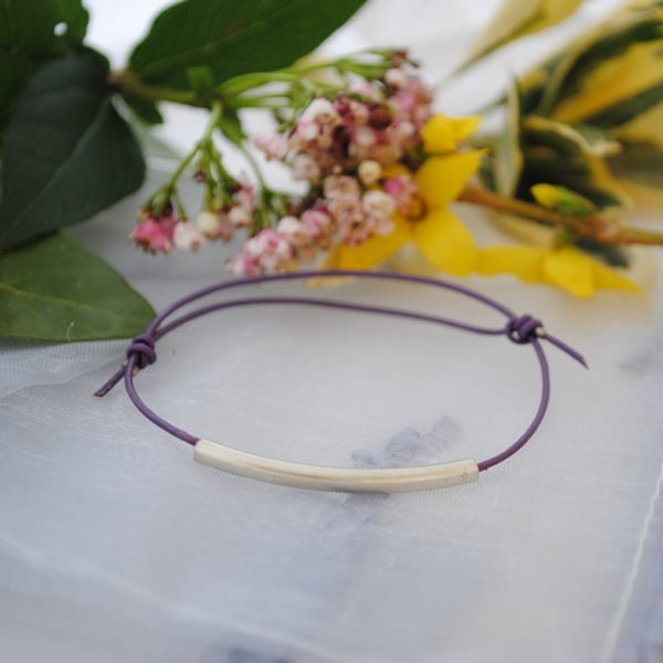 Friendship Bracelet-Purple Leather & silver tube