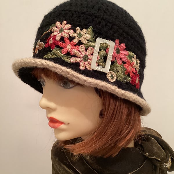 Black Embroidered Flowers Cloche