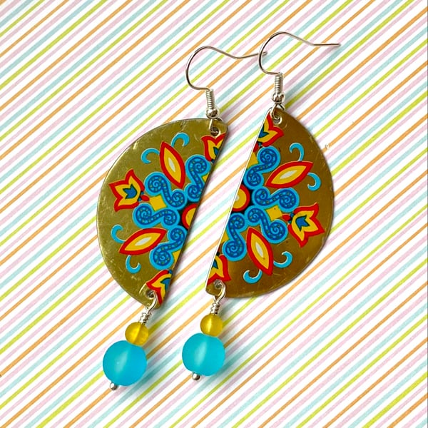 Vintage tin patterned semi circle beaded earrings