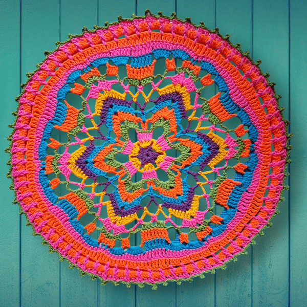 Large, bright crochet mandala doily table mat