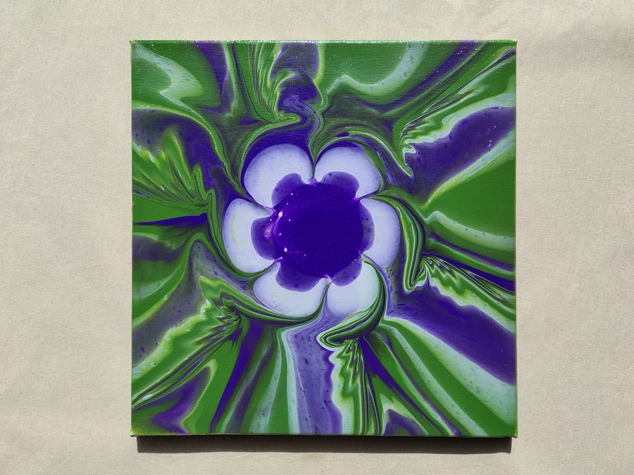 Acrylic Pour Art Canvas, Wall Art - Purple, Green & White Colour Scheme