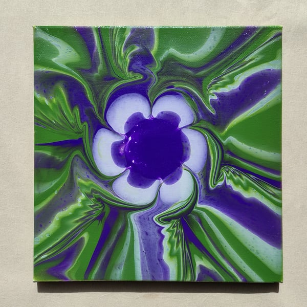 Acrylic Pour Art Canvas, Wall Art - Purple, Green & White Colour Scheme