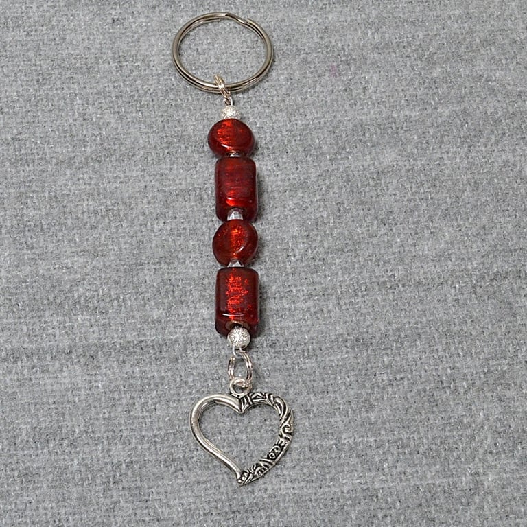Keyring or Bag Charm – Heart Charm with Frosted Red Glass Beads & Silver Spacers