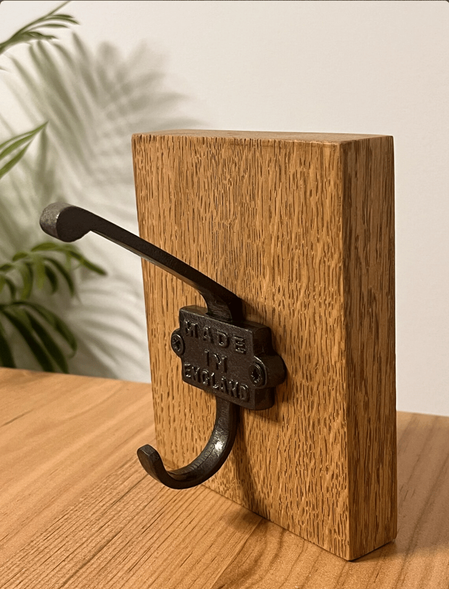 Wall Mounted Hook, Cast Iron Coat Hook “MADE IN ENGLAND” on Solid Oak Board