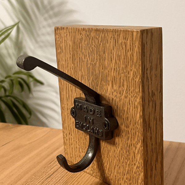 Wall Mounted Hook, Cast Iron Coat Hook “MADE IN ENGLAND” on Solid Oak Board