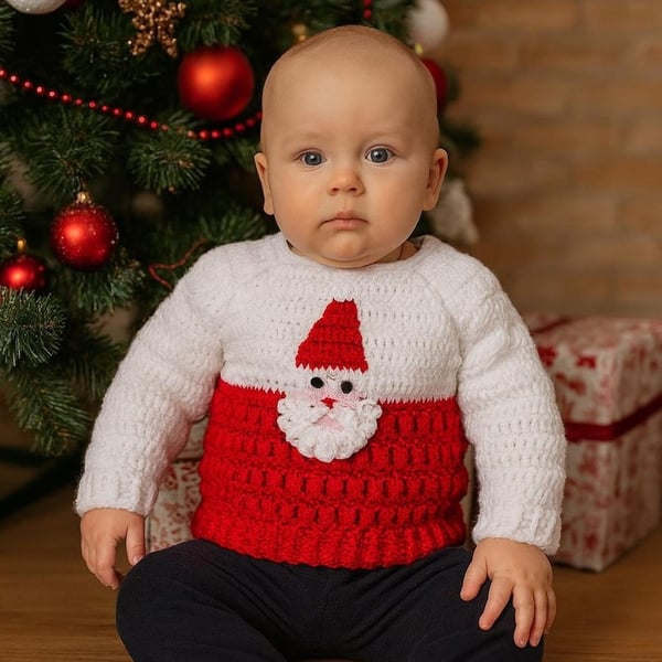 Crocheted Baby Jumper with Santa Face, 3 - 6 months, Baby's First Christmas 