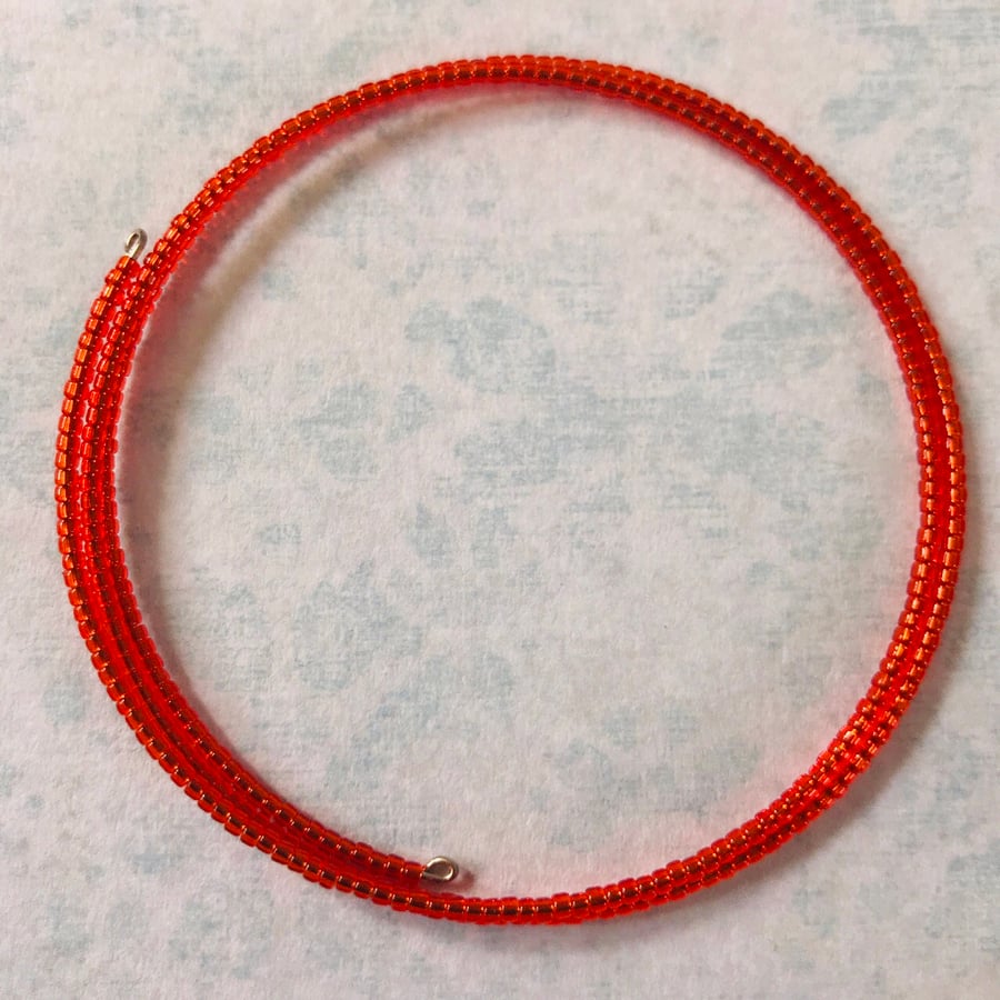 Vibrant Red Seed Beaded Memory Wire Bracelet