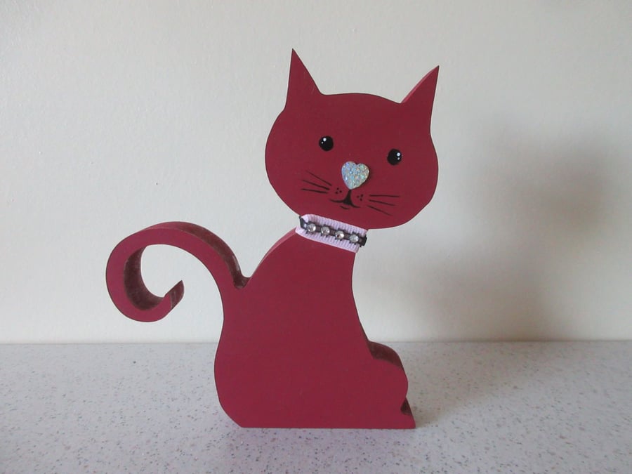 Cat Wooden Ornament Hand Painted Cat Shape in Wood