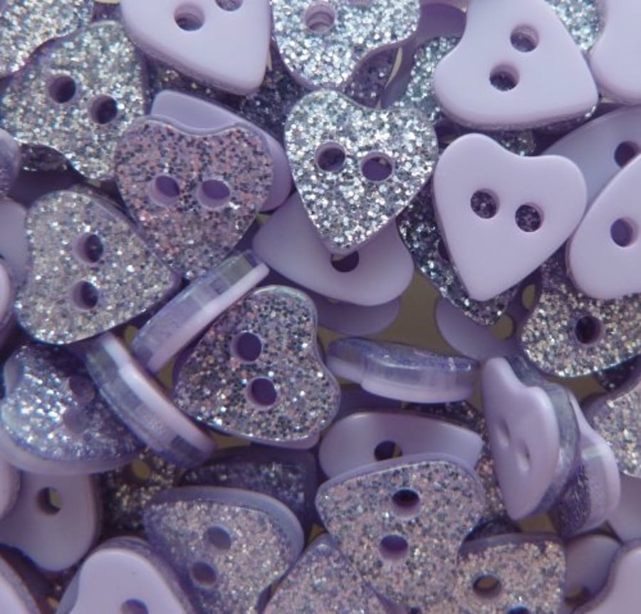 Lilac Glitter Heart Buttons, 10.5mm Heart Buttons